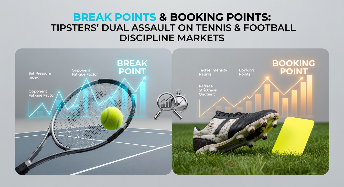 Dynamic split-screen graphic showing a tennis player at a break point and a football referee issuing a yellow card, overlaid with tipster betting odds and statistical overlays