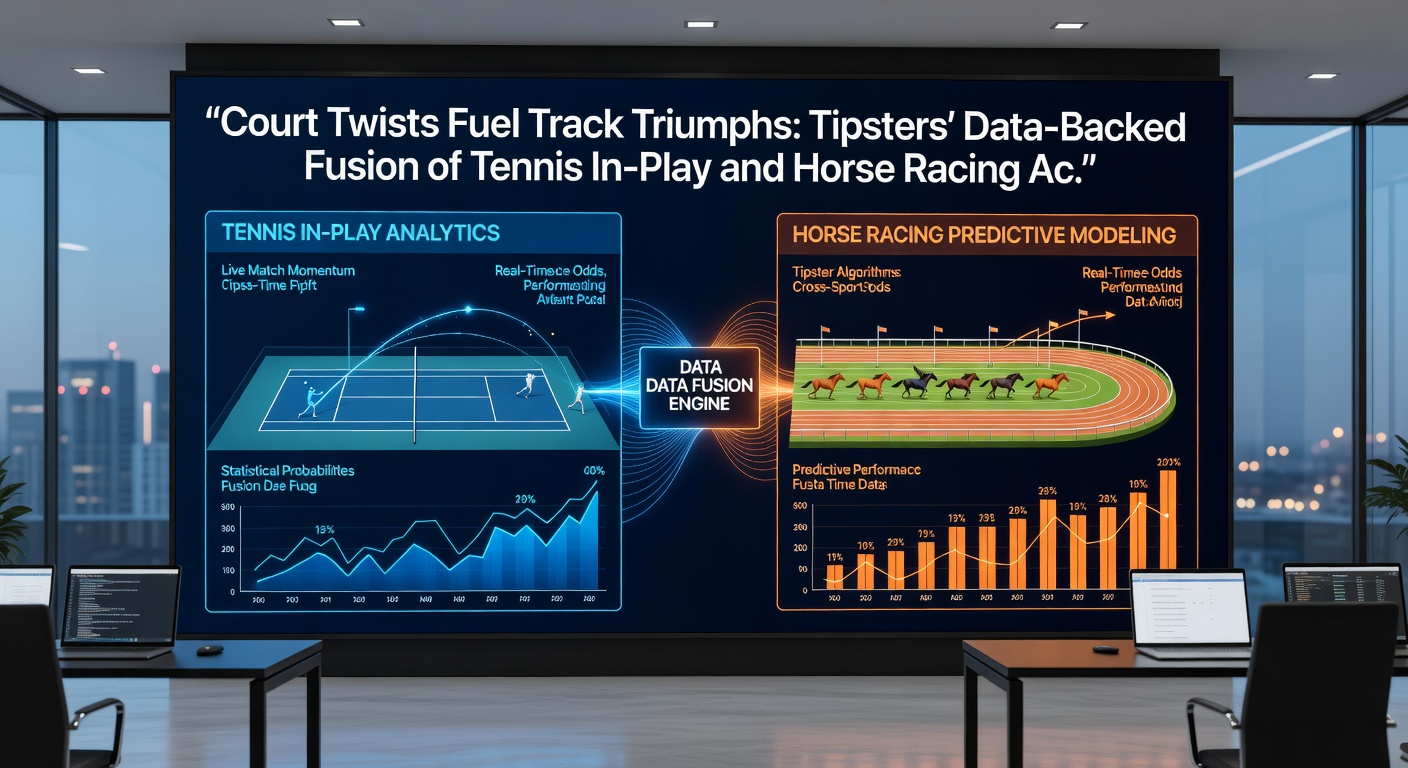 Graph overlay of tennis in-play momentum charts fused with horse racing accumulator payout trends, illustrating data correlations