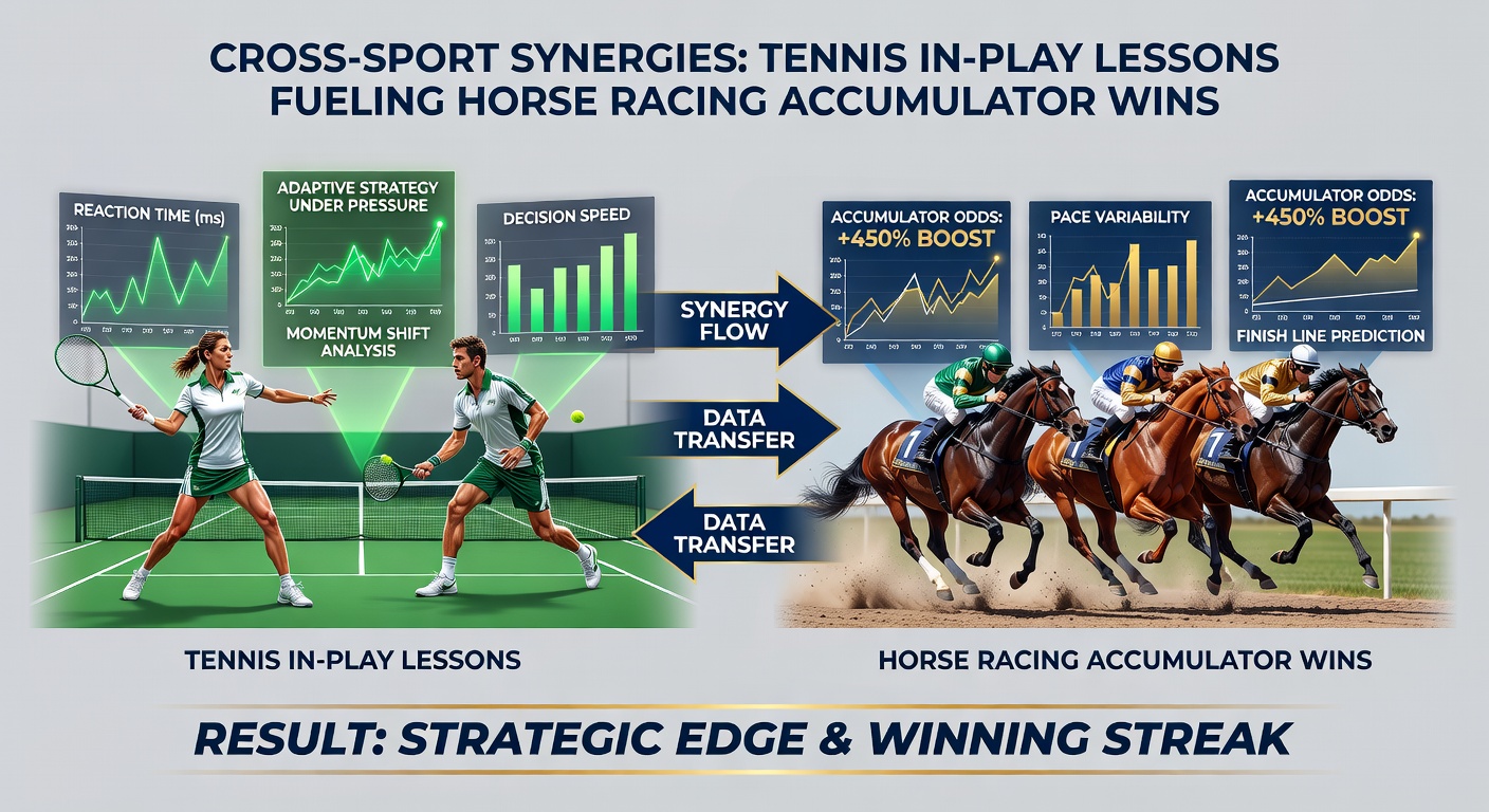 Horse thundering down the straight with digital tennis scoreboard overlay, symbolizing strategic betting overlaps in momentum analysis