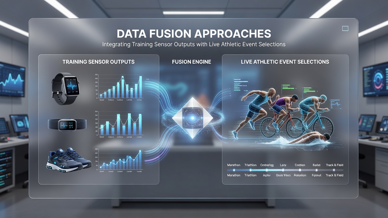 Data visualization dashboard displaying fused sensor outputs from training sessions merged with live athletic event selections for multi-discipline betting optimization
