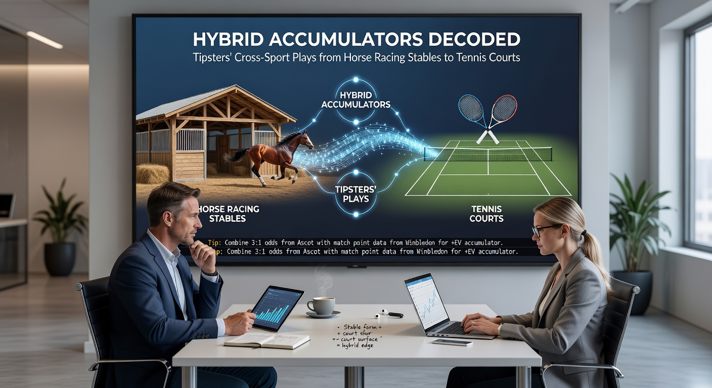 Tipsters charting hybrid accumulator strategies blending horse racing odds with live tennis action on a digital board
