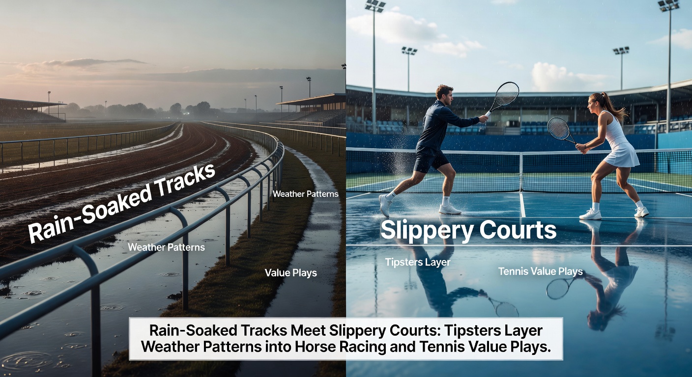 A horse galloping on a rain-drenched turf track under gray skies, with water splashing from hooves, highlighting how wet conditions alter racing dynamics