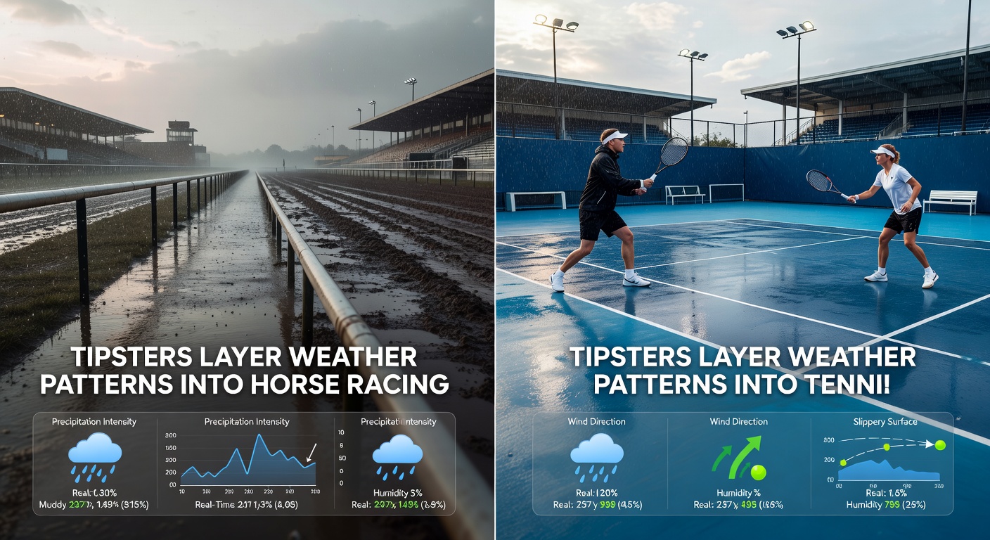 Tennis players competing on a wet clay court during light rain, with visible puddles and slipping motions, illustrating weather's impact on match dynamics