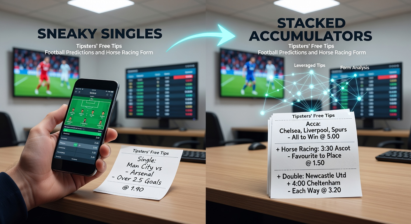 Tipster analyzing football match data alongside horse racing form sheets on a dual-monitor setup, highlighting value bets from singles to multi-leg accumulators