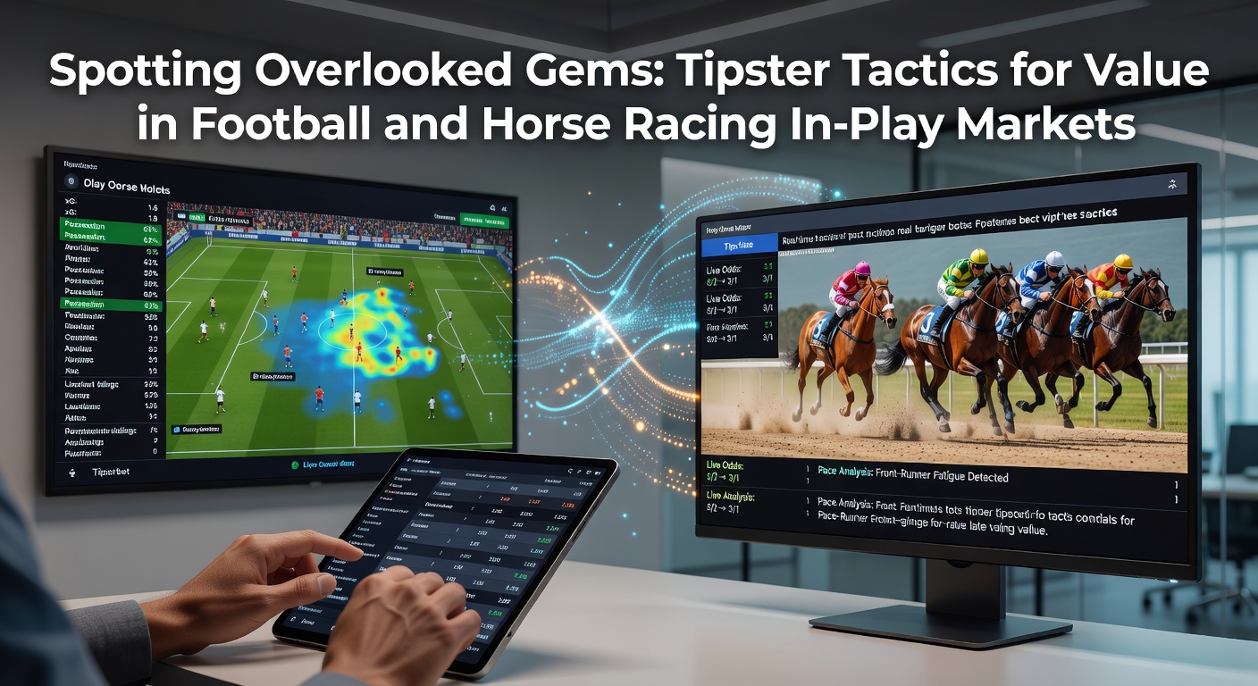 Tipster analyzing live football match data on multiple screens, highlighting in-play odds fluctuations