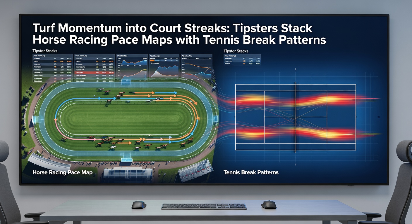 Tipster dashboard displaying integrated pace maps from horse racing and break streak charts from tennis matches, used for building accumulator bets